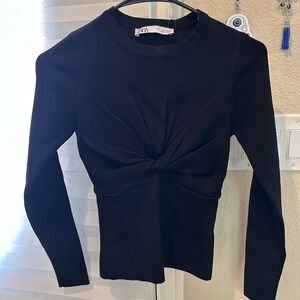 Zara Black Fitted Long Sleeve Blouse with Crew Neck and Tie Front